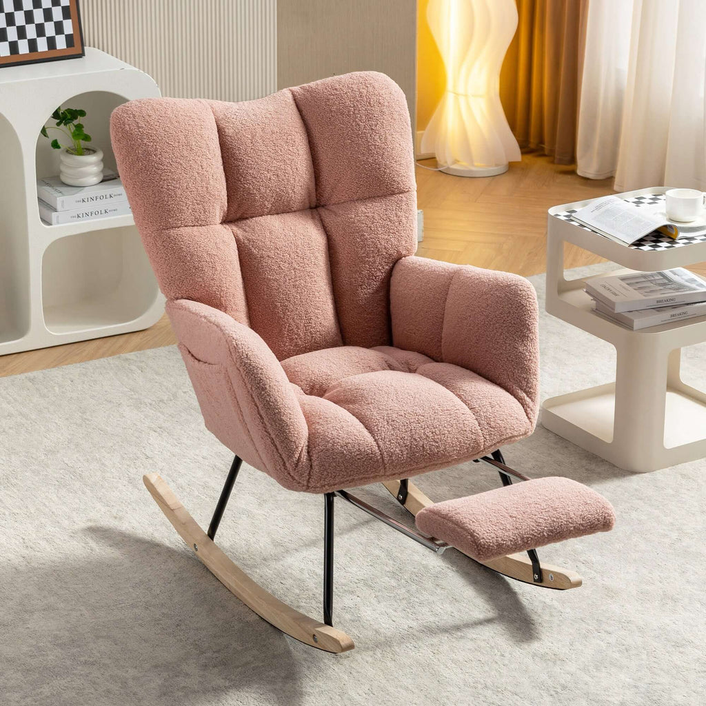 pink teddy rocking chair with footstool in cozy living room setting, featuring soft fabric and ergonomic design.