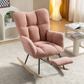 pink teddy rocking chair with footstool in cozy living room setting, featuring soft fabric and ergonomic design.