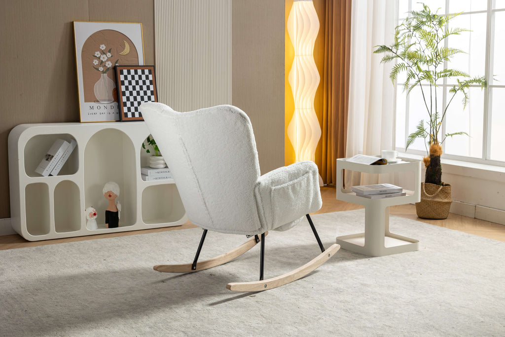 ivory teddy rocking chair with footstool in a stylish living room setting with plants and modern decor.