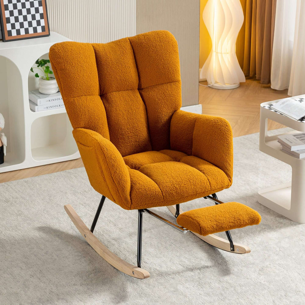 Caramel Teddy Fabric Rocking Chair with Adjustable Footstool