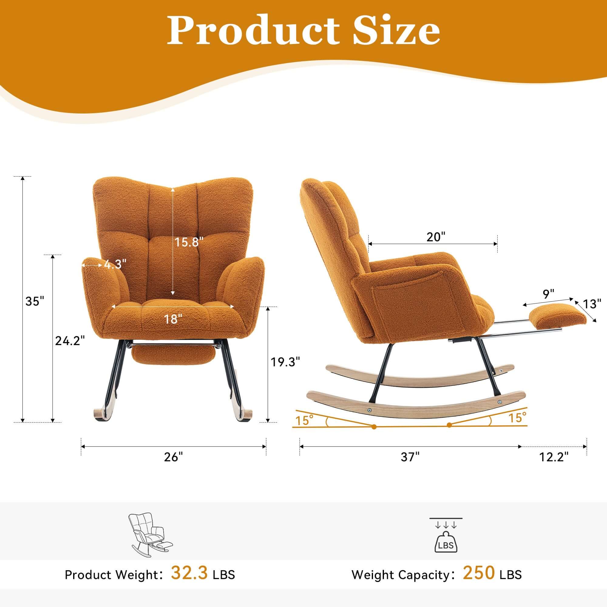 Caramel Teddy Fabric Rocking Chair with Adjustable Footstool