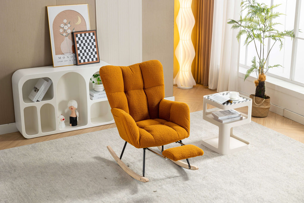 Caramel Teddy Fabric Rocking Chair with Adjustable Footstool