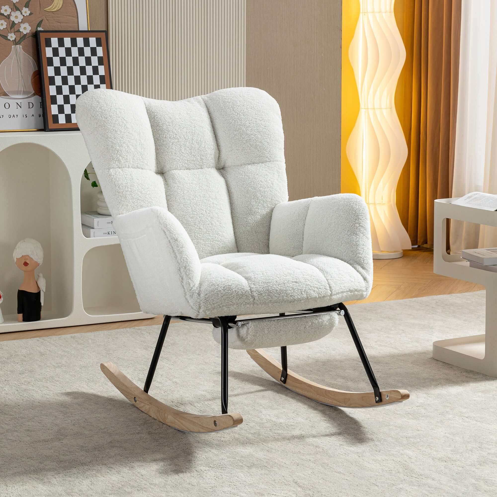 ivory teddy rocking chair with footstool in a modern living room setting, plush and stylish design
