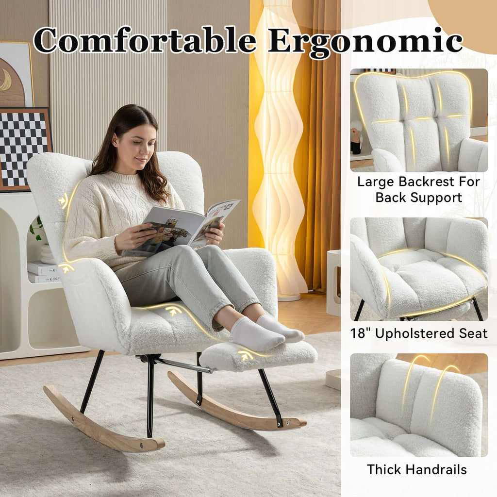 ivory teddy rocking chair with footstool in a cozy living room setting, showcasing comfort and ergonomic design.
