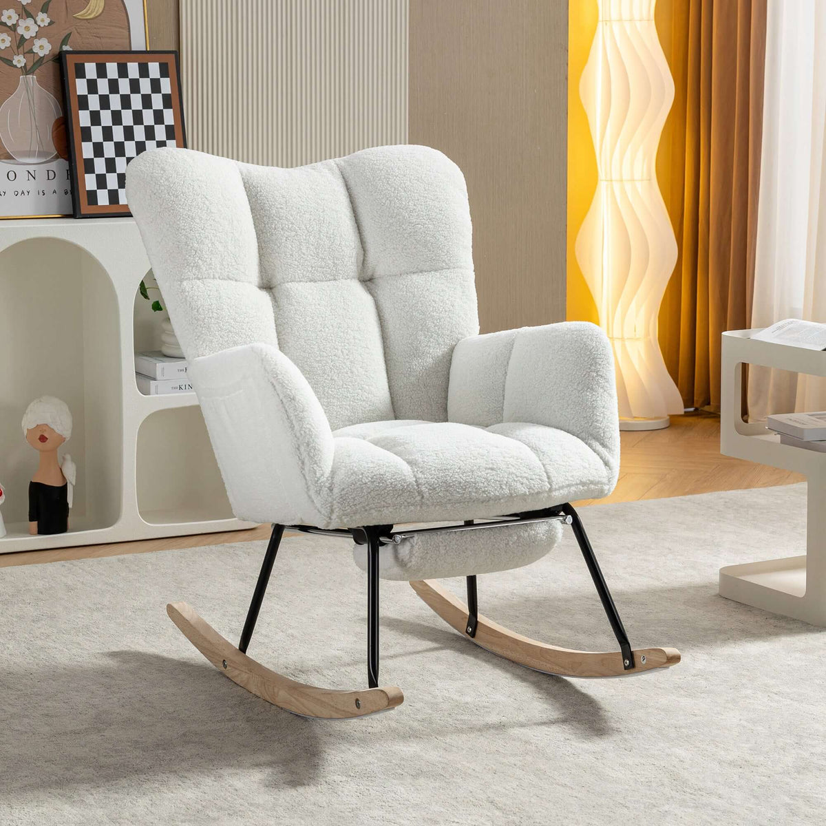 Ivory teddy rocking chair with footstool in a modern living room setting.