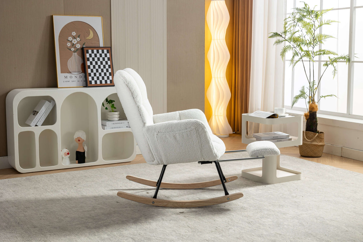 Ivory teddy rocking chair with footstool in a cozy living room setting with green plants and modern decor.