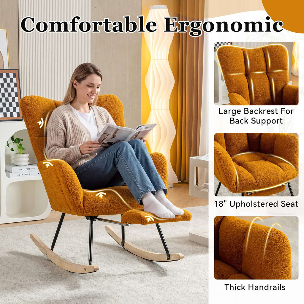 Caramel Teddy Fabric Rocking Chair with Adjustable Footstool