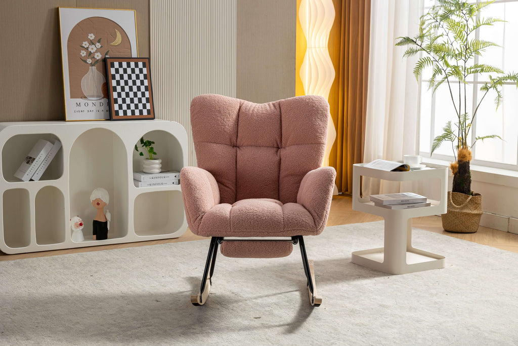pink teddy rocking chair with footstool in a modern living room setting, providing style and comfort.