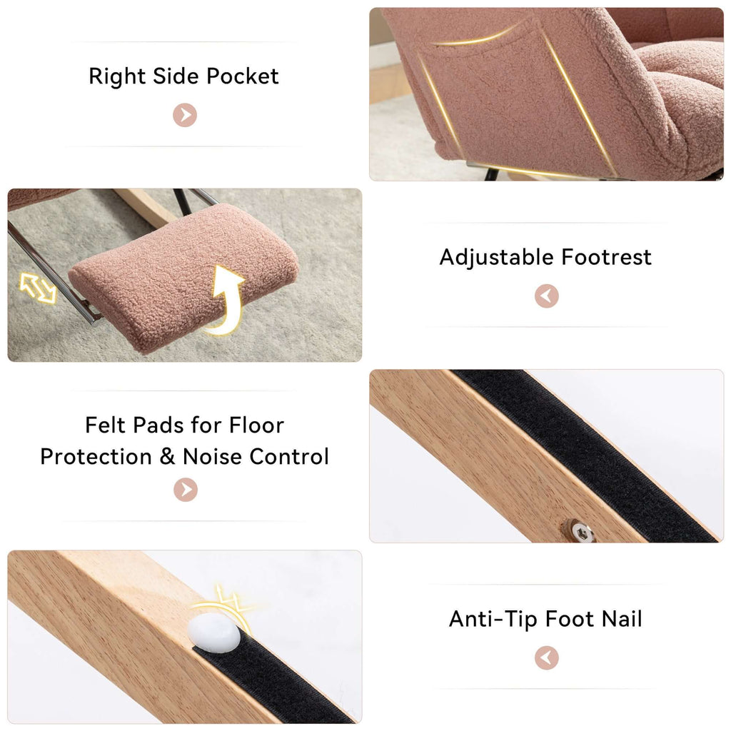 Features of the pink teddy rocking chair with footstool including pocket, adjustable footrest, and felt pads.