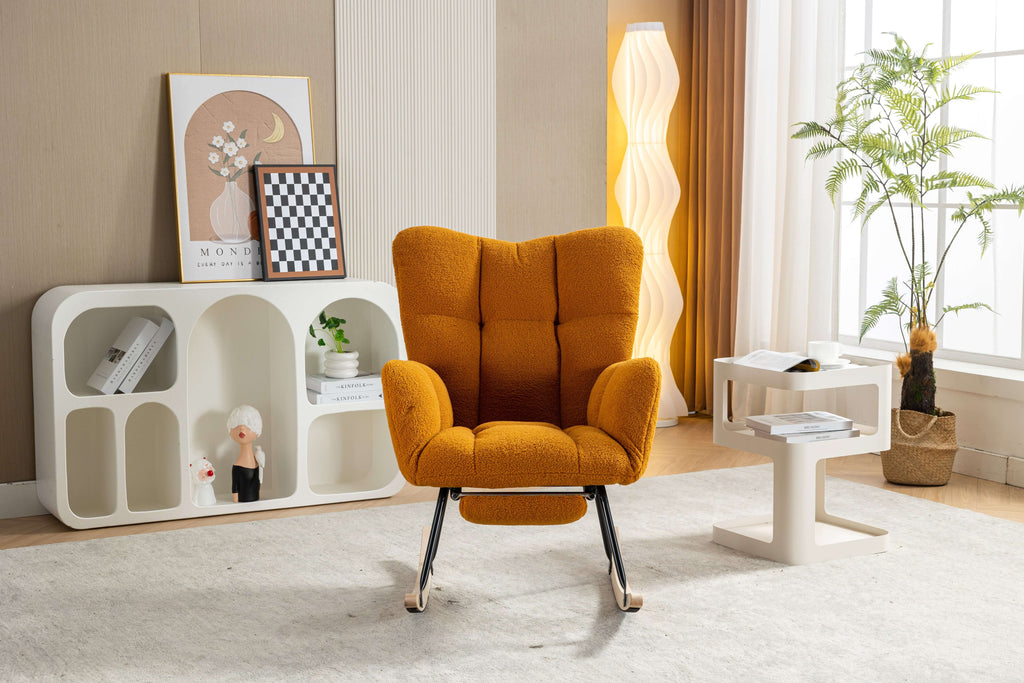 Caramel Teddy Fabric Rocking Chair with Adjustable Footstool
