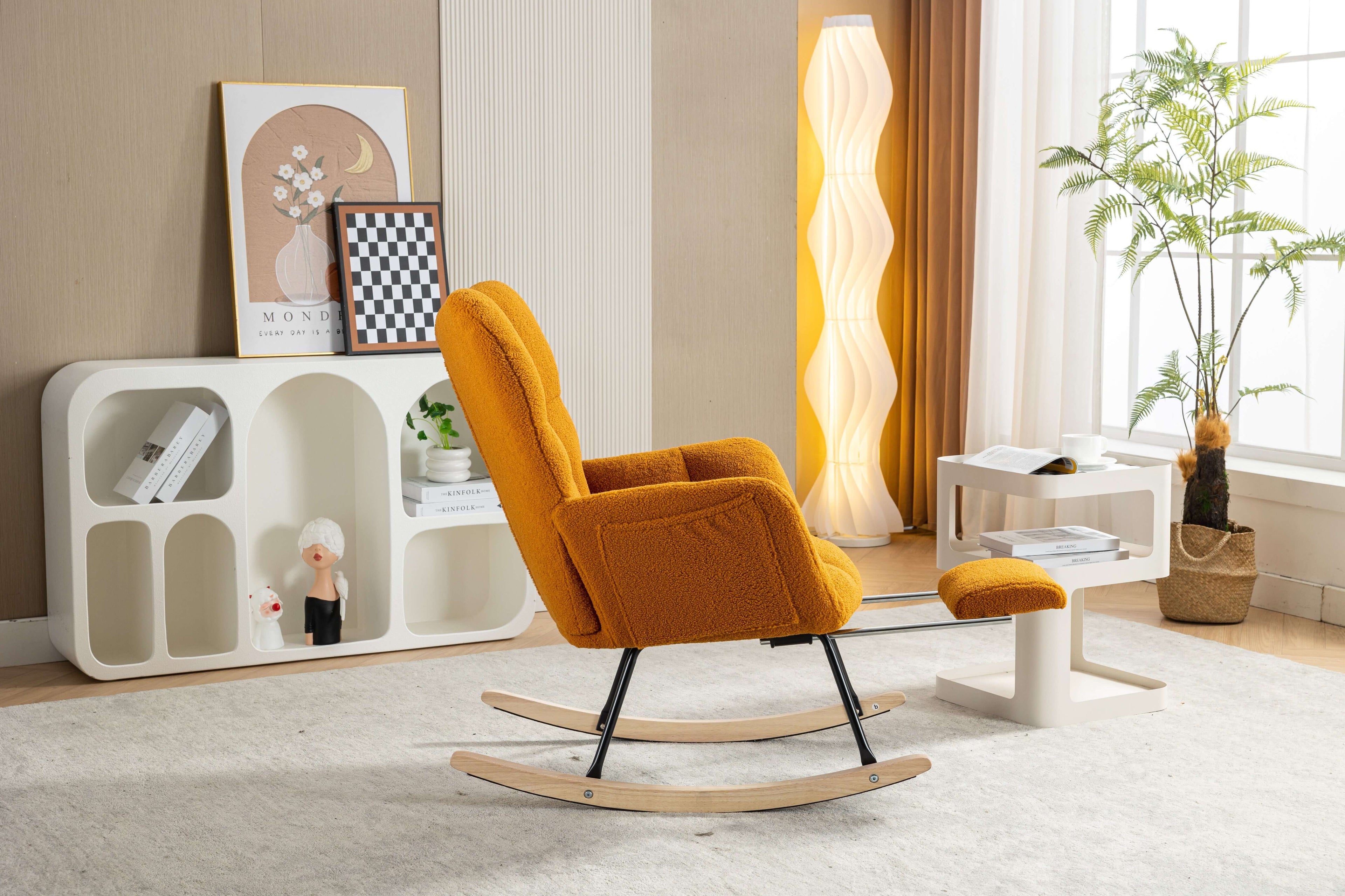 Caramel Teddy Fabric Rocking Chair with Adjustable Footstool