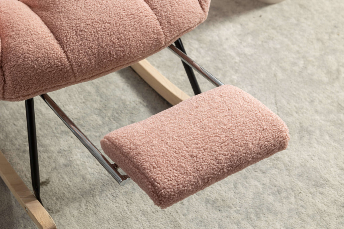 Close-up of the pink teddy rocking chair with footstool showcasing its cozy texture and ergonomic design.