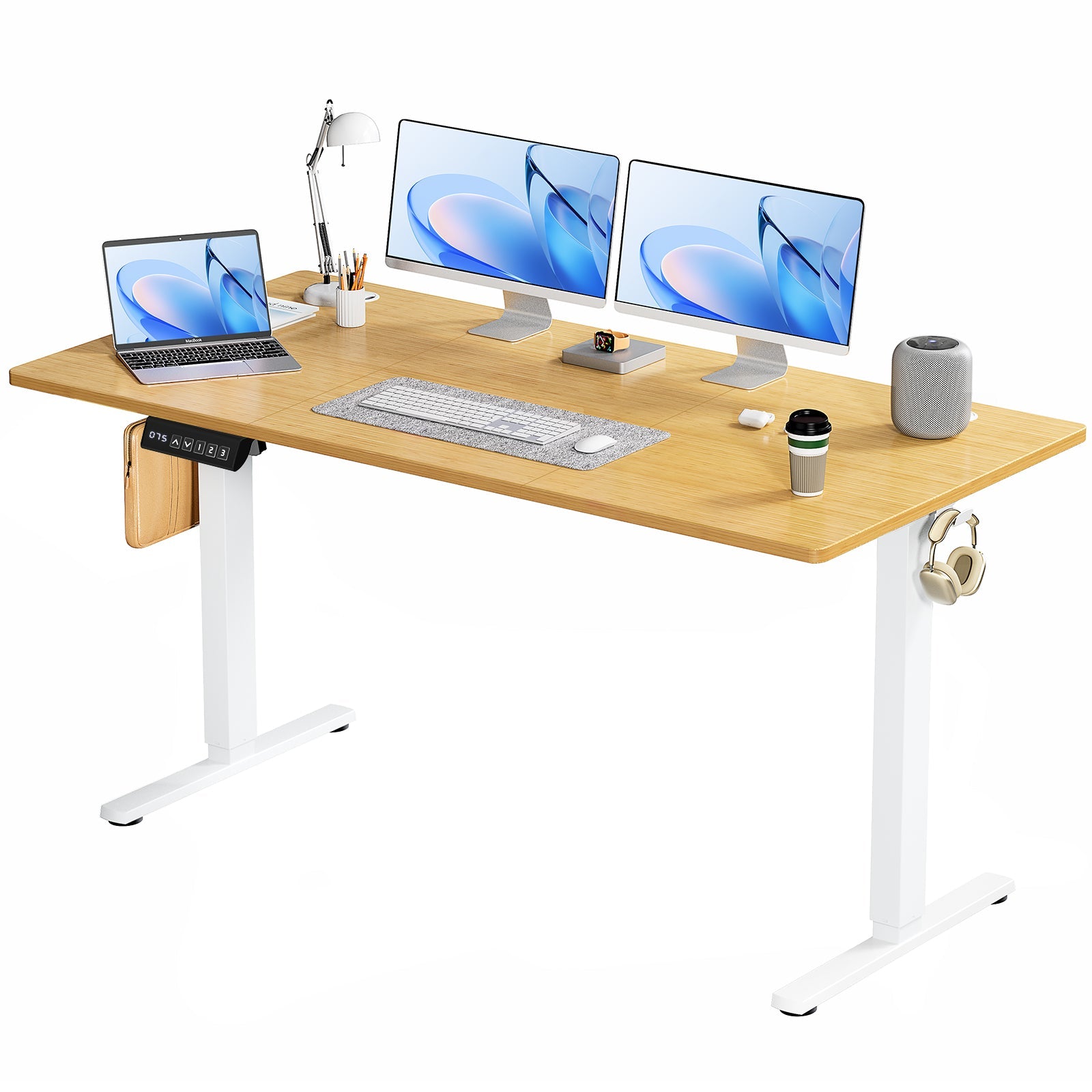 Electric standing desk raised to standing height in home office